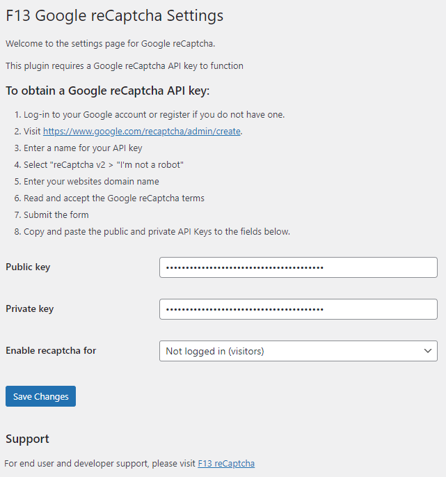 F13 reCaptcha settings